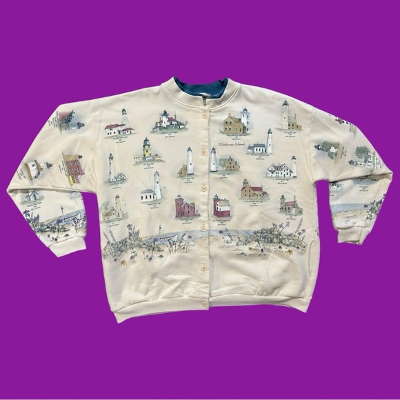 90s Mackinac Island Lighthouse Button Down Sweatshirt - Picture 1 of 5